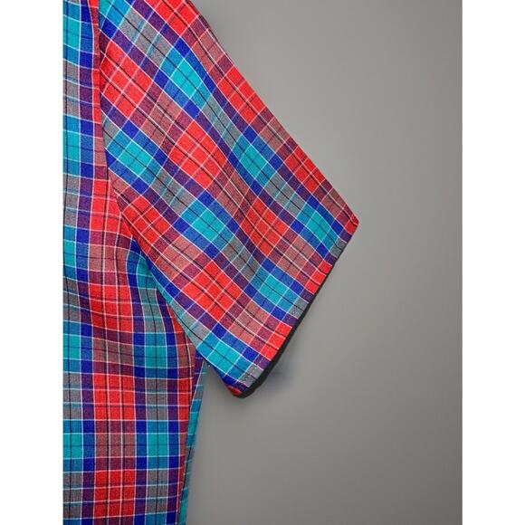 Vtg Paris Station Short Sleeve Top Shirt Red Blue Teal Plaid Blouse- Sz S - Picture 7 of 8
